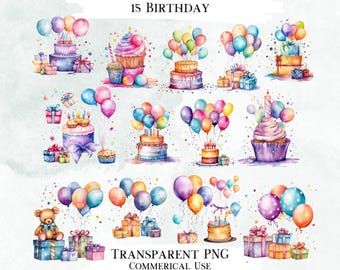 Watercolor Birthday Clip Art Bundle, Party Designs (PNG Digital Download)
