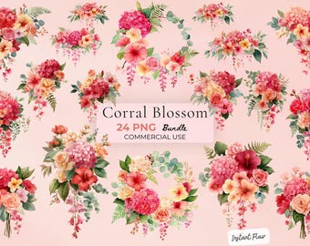 Coral Floral Clipart Bundle, Blossom Flower PNG Graphics (Digital Download)