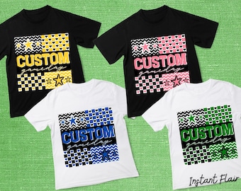 May include: Four short-sleeve t-shirts in black and white, each featuring a square graphic with the text "CUSTOM gameday". The designs include checkered and chevron patterns in yellow, pink, blue, and green, accented with stars and hearts.