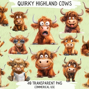 Quirky Highland Cows Clip Art Bundle, 40 przezroczystych projektów PNG, obrazy dekoracyjne, projekty cyfrowe do użytku komercyjnego