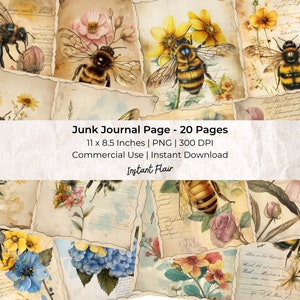 May include: A set of 20 digital paper pages featuring vintage illustrations of bees and flowers. The pages are 11 inches by 8.5 inches and have a distressed, aged look. The pages are perfect for scrapbooking, card making, and other paper crafts.