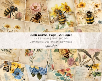 Watercolor Bee Junk Journal Pages: Collage Sheets, Commercial Use (Digital Download)