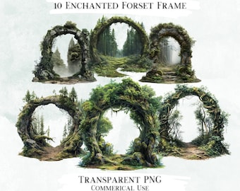 May include: Ten digital frames featuring enchanted forest scenes with arched openings. The frames are made of vines, trees, and stone.  The frames are perfect for adding a touch of magic to your digital photos.