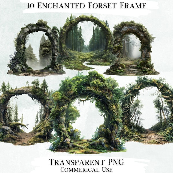 Enchanted Forest Frame Clip Art Bundle, 10 Transparent PNG Designs, Decorative Images, Digital Designs for Commercial Use