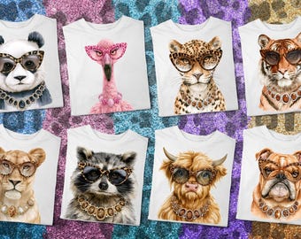 May include: A collection of eight white t-shirts, each featuring a different animal illustration including a panda, flamingo, leopard, tiger, lioness, raccoon, highland cow, and bulldog, all wearing leopard-print glasses and beaded necklaces.