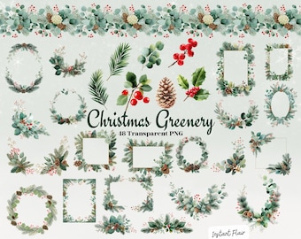Aquarel kerst clipartbundel | Groene kransen, grenen (digitale download)