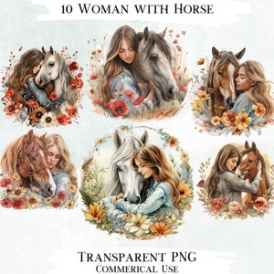 Donna con cavallo acquerello Clip Art Bundle, 10 disegni PNG trasparenti, immagini decorative, disegni digitali per uso commerciale
