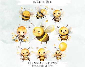 Puede incluir: 15 ilustraciones de acuarela de abejas de dibujos animados lindas en varias poses. Las abejas son amarillas y negras con alas blancas y caras sonrientes. Algunas abejas sostienen globos, se balancean en columpios o vuelan. Las ilustraciones están sobre un fondo azul claro con lavados de acuarela.