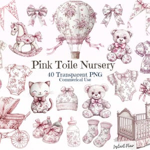 Clipart per la cameretta dei bambini in toile rosa, download digitale, motivi chinoiserie, grafica per baby shower, design senza soluzione di continuità PNG