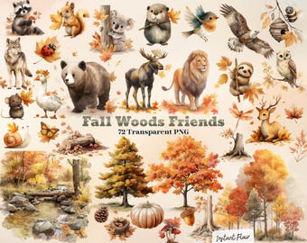 Woodland Animal Clipart Bundle: 72 Autumn Forest Friends PNG (Digital Download)