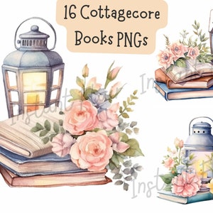 Lot de 16 cliparts de livres Cottagecore en PNG, aquarelle, lecture artistique, pastel, images décoratives, dessins numériques pour usage commercial