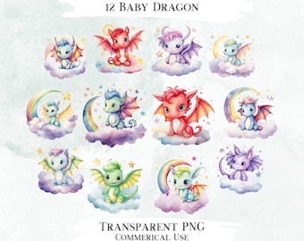 Baby Drache Aquarell Clipart Bundle, PNG Grafiken (Digital Designs)