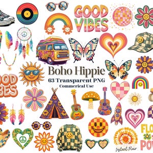 63 Boho Hippie Clipart – Transparent PNG – Commercial Use – Instant Download