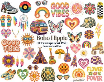 May include: A set of 63 digital clipart images in a boho hippie style. The images include rainbows, peace signs, flowers, smiley faces, hearts, stars, and more. The images are in a variety of colors, including pink, yellow, blue, green, and orange. The images are perfect for use in digital scrapbooking, card making, and other craft projects.