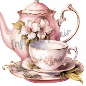 Tazze da tè vintage con fiori Clip Art Bundle 42 JPG Designs Acquerello Rosa Artistico Teiera Floreale Bollitore Immagini Designs per uso commerciale