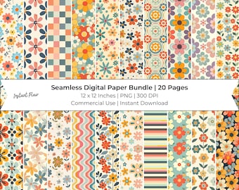 Zestaw bezszwowego papieru cyfrowego w stylu retro z motywem kwiatowym – Groovy Flower Patterns (do pobrania w wersji cyfrowej)