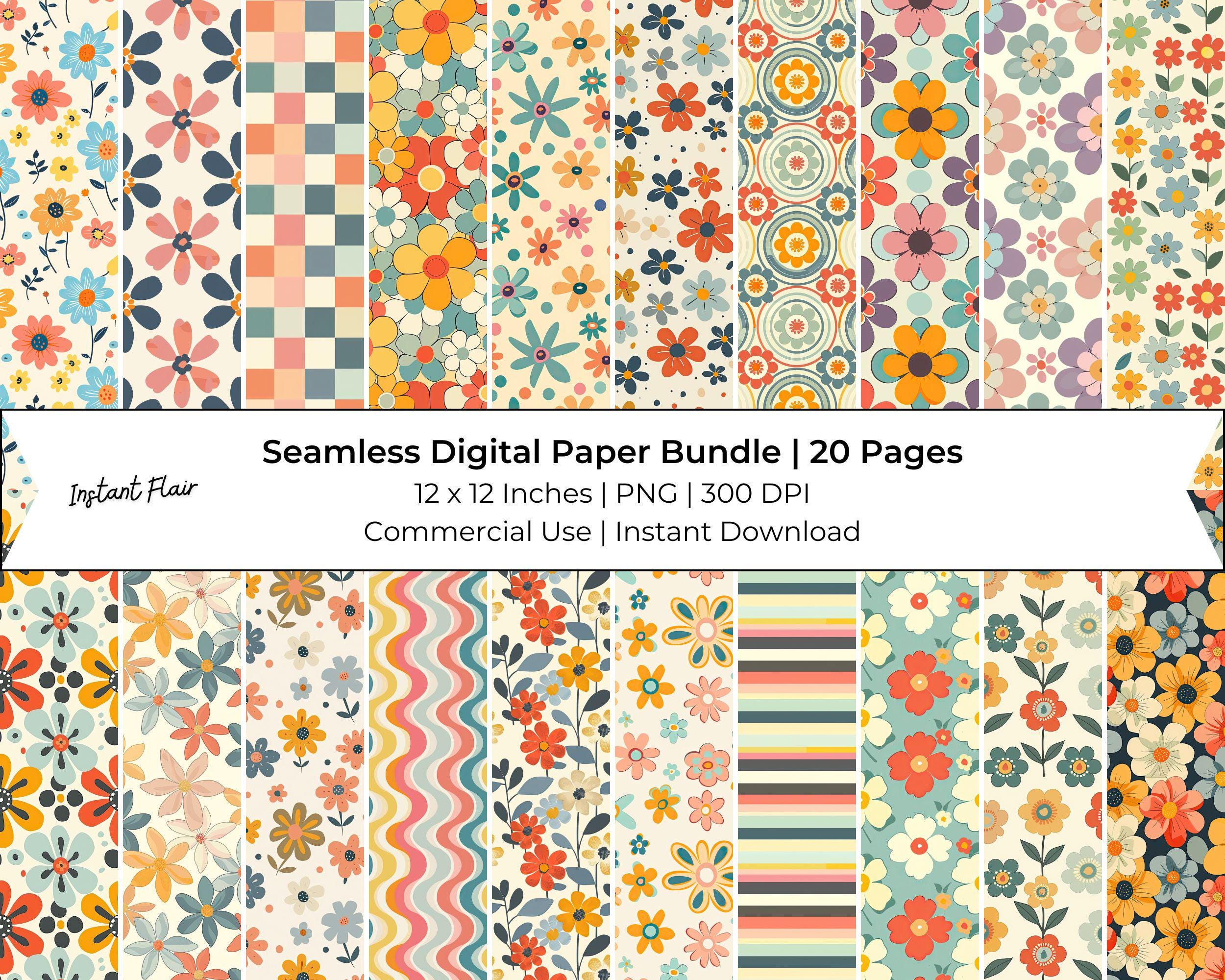Retro Floral Seamless Digital Paper Bundle – Groovy Flower Patterns ...