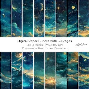 Fantasy Blue Moon digitaal papier: 30 pagina's niet-naadloze collagevellen en ongewenste tijdschriftafdrukbare items, commercieel gebruik, direct downloaden