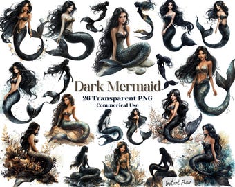 26 Dark Mermaid Clipart – Transparent PNG – Commercial Use – Instant Download