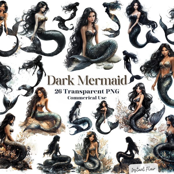 26 Dark Mermaid Clipart – Transparent PNG – Commercial Use – Instant Download