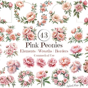 Pink Peonies Clipart Bundle – 19 Elements, 17 Wreaths, 7 Borders – PNG – Commercial Use – Instant Download