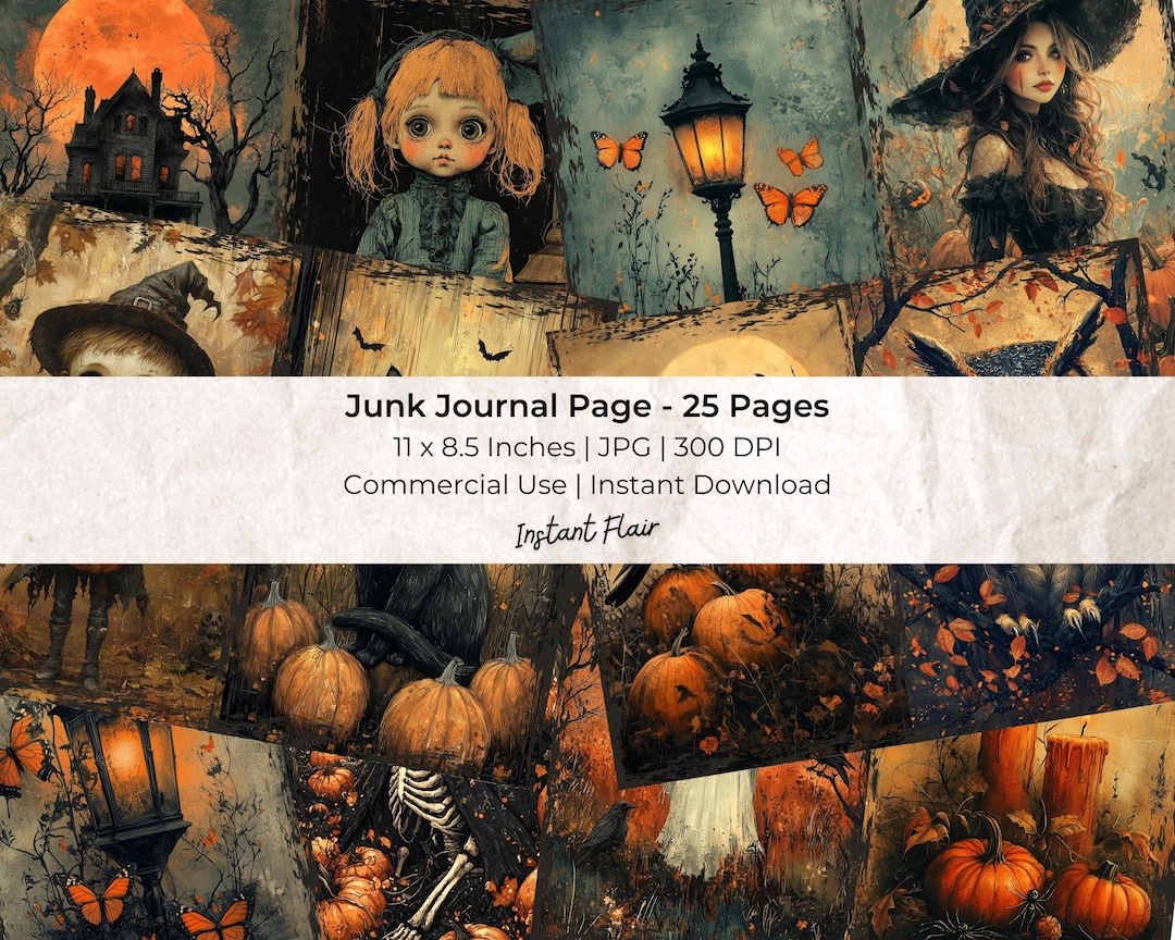 Halloween Pages: Collage Sheet Digital Scrapbook Paper Kit Digital