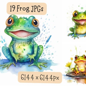 Lot de 19 images clipart grenouille, 19 modèles JPG, aquarelle, images décoratives artistiques, petite grenouille, crapaud de l'étang, dessins numériques pour usage commercial
