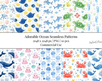 May include: A digital collection of ten seamless ocean-themed patterns featuring watercolor illustrations of dolphins, stingrays, sharks, sea turtles, seahorses, whales, octopuses, jellyfish, and crabs. Text reads: Adorable Ocean Seamless Patterns 2048 x 2048 px | PNG | 10 pcs Commercial Use Instant Flair.