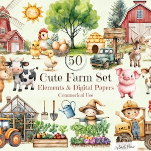 Niedliches Bauernhof Clipart Set – 35 Elemente, 15 digitale Papiere – Aquarell-Stil – Kommerzielle Nutzung – Sofort Download