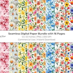 Papel digital floral de primavera: álbum de recortes de acuarela de 16 páginas con hojas de collage sin costuras e imprimibles de diario basura, uso comercial, instantáneo