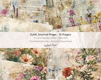 Wildflower Junk Journal Pages: 15 PNG Collage Sheets (Commercial Use, Instant Download)