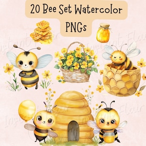 Bee Set Watercolor Clip Art Bundle, Transparent PNG Designs, Decorative Images, Digital Designs for Commercial Use