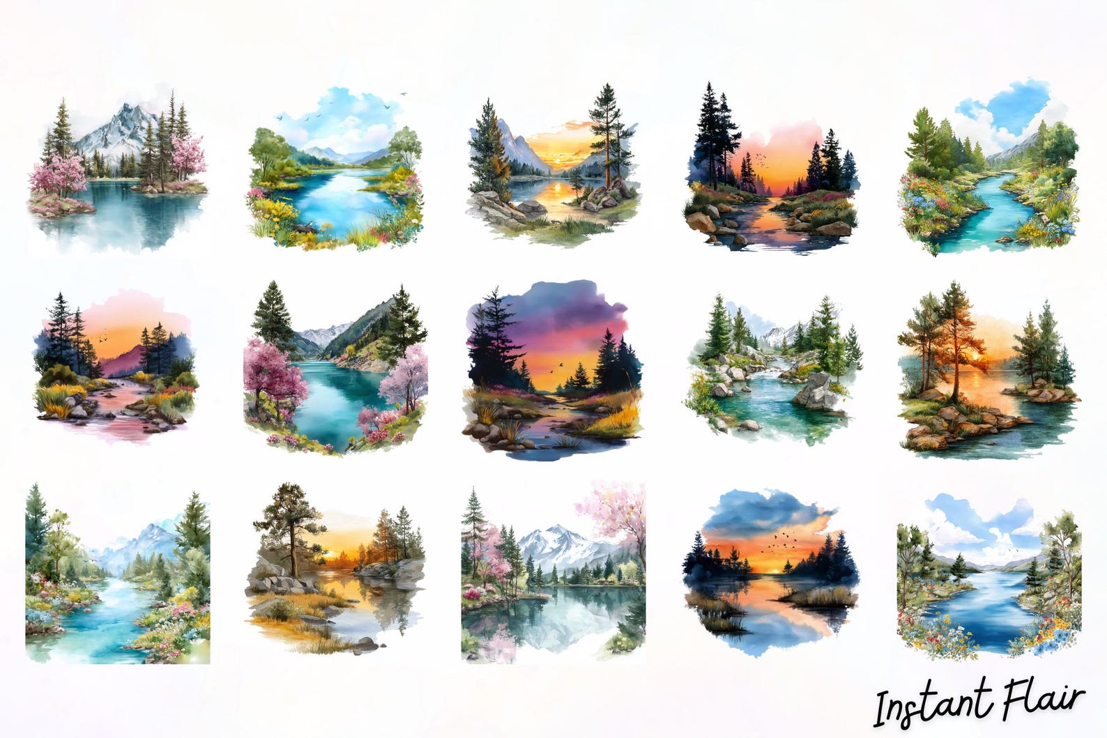 Scenic Lake & River Landscape Clipart | Nature PNG Set (digital ...