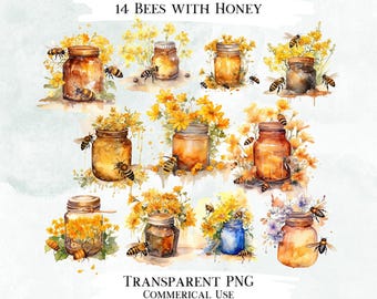 Paquete de imágenes prediseñadas de abejas y tarros de miel en acuarela (14 PNG)