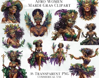 Afro Women Mardi Gras Clip Art Bundle, 35 Transparent PNG Graphics, Decorative Images, Digital Graphics for Commercial Use