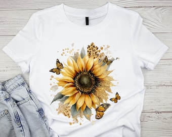 Sunflower Butterfly PNG | Gold Sunflower Clipart | Leopard Print Floral Design Digital Download