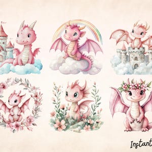 May include: Six watercolor illustrations of pink dragons in various poses. Some dragons are on clouds, others are on flowers, and one is on a castle. The illustrations are perfect for scrapbooking, card making, or other craft projects.