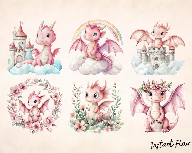 May include: Six watercolor illustrations of pink dragons in various poses. Some dragons are on clouds, others are on flowers, and one is on a castle. The illustrations are perfect for scrapbooking, card making, or other craft projects.