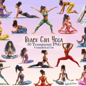 20 Clipart yoga fille noire - PNG transparents - usage commercial - téléchargement immédiat