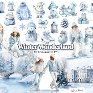 Op de afbeelding: Waterverfillustratie met een winterwonderland-thema. De afbeelding toont verschillende winterse elementen, waaronder een sneeuwpop, schaatsen, een slee en mensen die schaatsen. De tekst "Winter Wonderland" is prominent aanwezig.