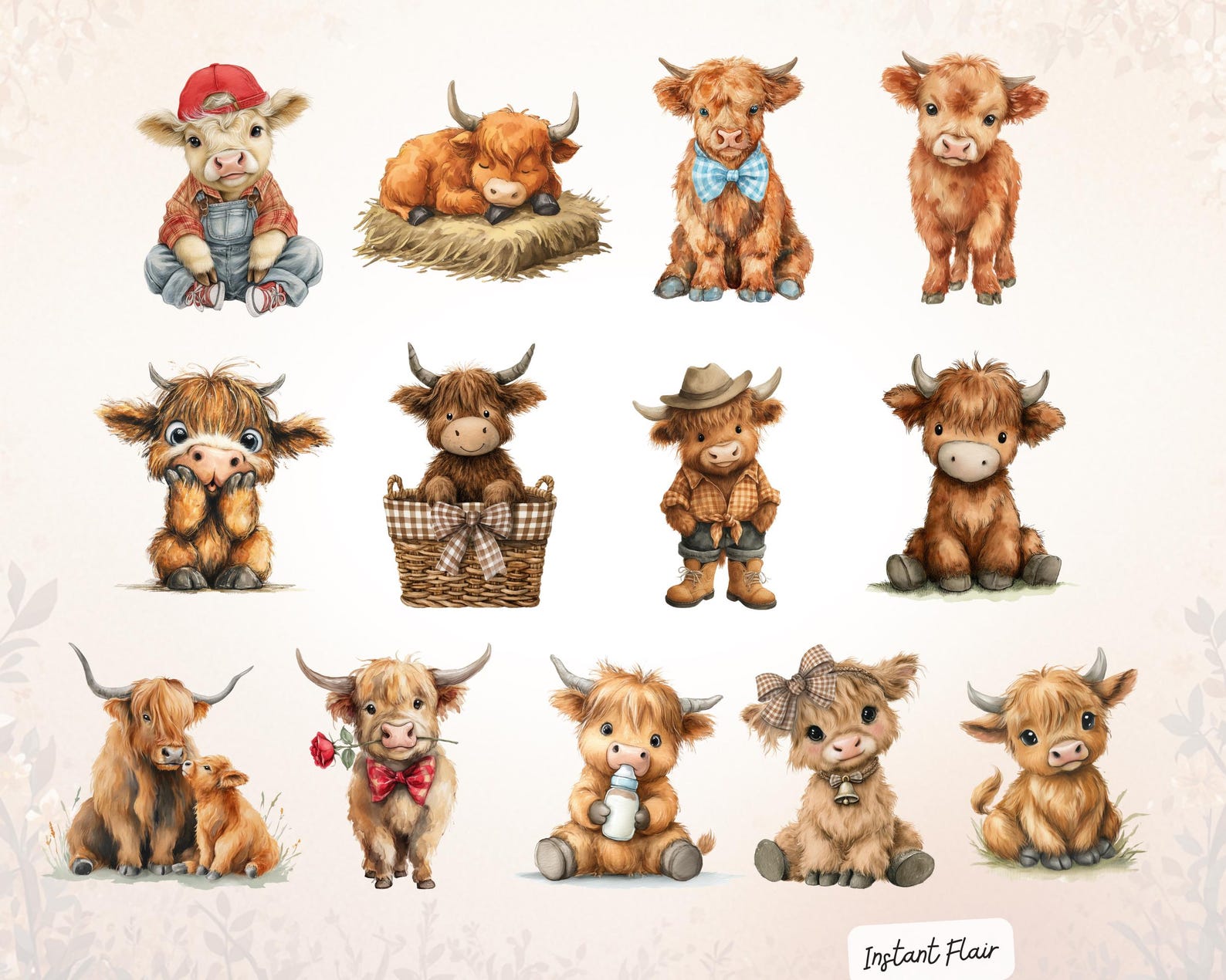 Highland Cow Watercolor Clipart | Baby Cow PNG Bundle (digital Download ...
