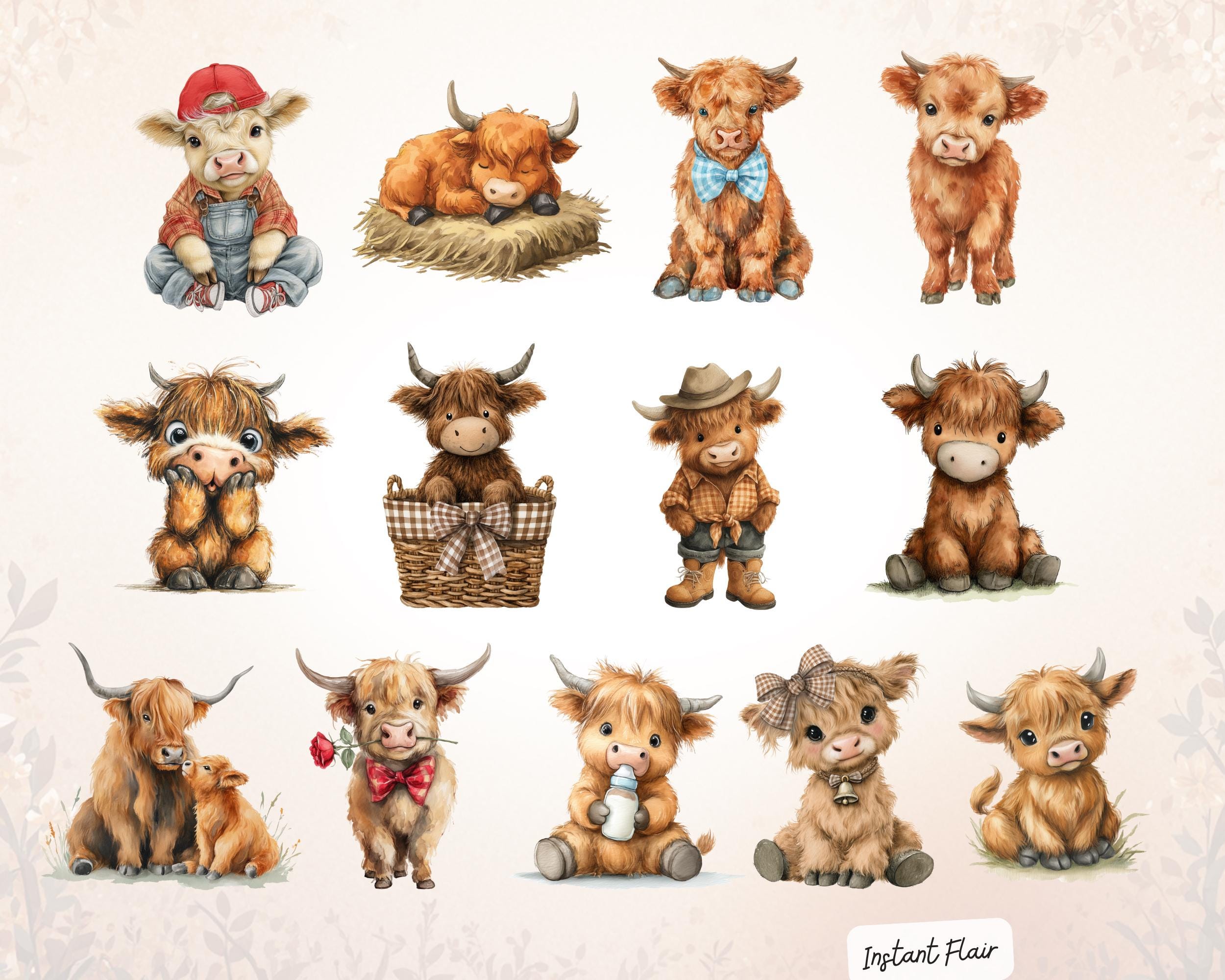 Highland Cow Watercolor Clipart | Baby Cow PNG Bundle (digital Download ...