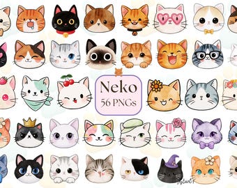 May include: A collection of 56 digital illustrations featuring various cat faces with diverse expressions, colors, and accessories like bows, hats, and flowers. The central text reads Neko 56 PNGs, showcasing a variety of feline character designs.