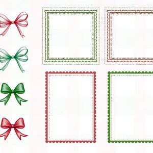 Puede incluir: Ilustraciones en acuarela de lazos y marcos decorativos rojos y verdes. Los lazos son en tonos rojos y verdes. Los marcos tienen bordes festoneados y bordes punteados, en colores coordinados.