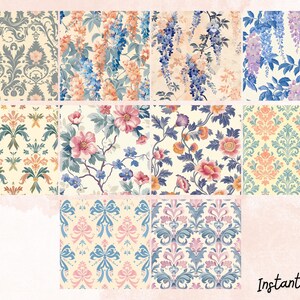 Zestaw tła z bezszwowym wzorem vintage toile – 20 kwiatów damasceńskich w formacie PNG, elegancki francuski zestaw tła zdjęcie 2