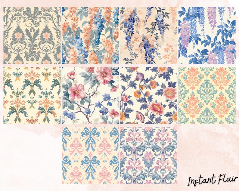 Zestaw tła z bezszwowym wzorem vintage toile – 20 kwiatów damasceńskich w formacie PNG, elegancki francuski zestaw tła zdjęcie 2