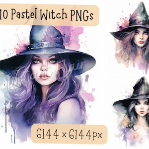 Pastel Witch Clip Art Bundle, 10 PNG Designs, Sorceress Graphic Decorative Images, Wiccan, Enchantress, Digital Designs for Commercial Use