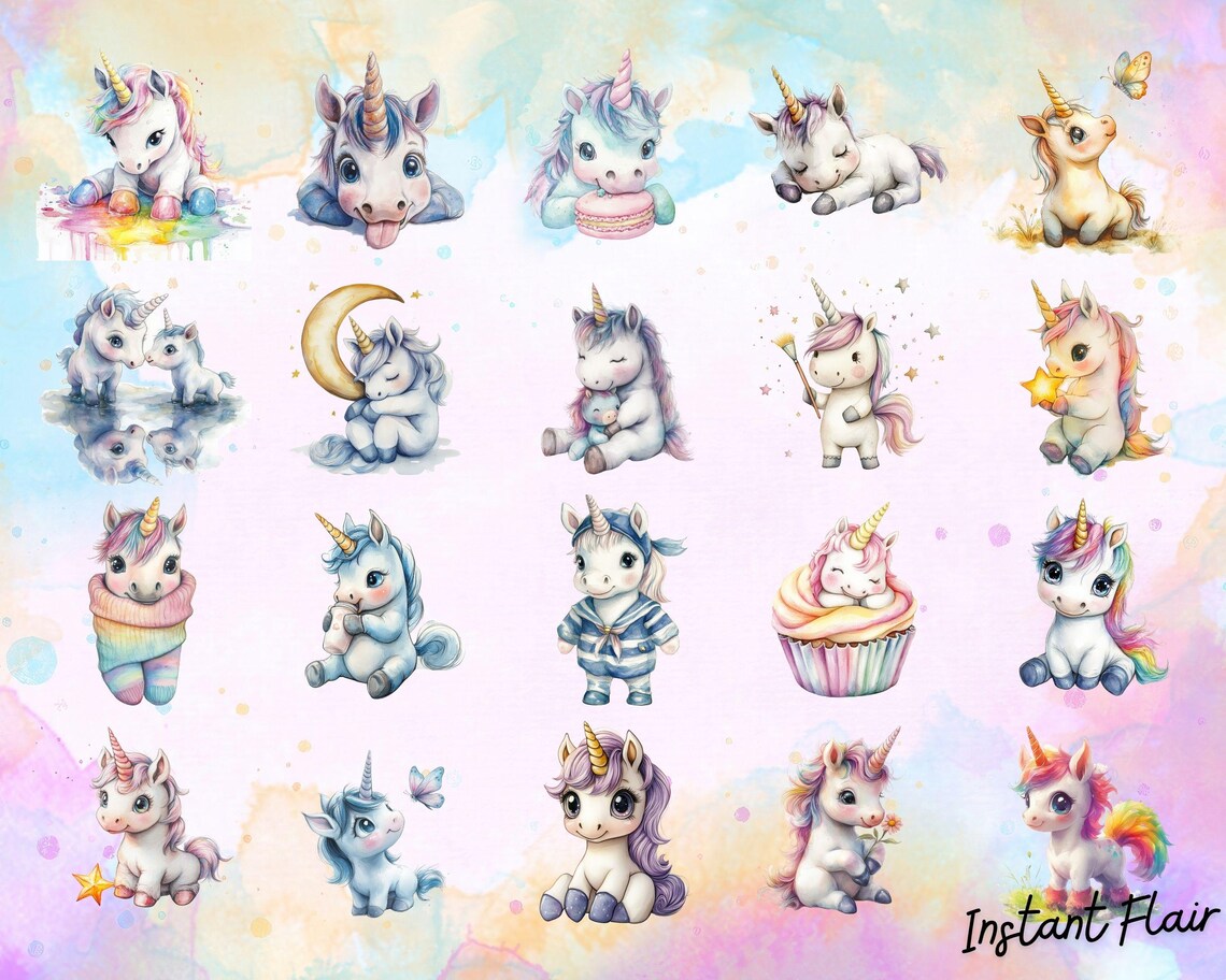 Watercolor Baby Unicorn Clipart – 72 PNG Graphics (digital Download) - Etsy