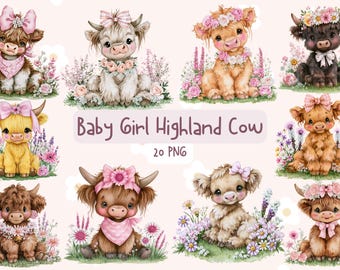 May include: A collection of ten digital illustrations featuring baby Highland cows in various shades of brown, cream, and yellow, adorned with pink bows, floral crowns, and bandanas, surrounded by flowers, with the text Baby Girl Highland Cow 20 PNG.