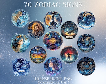 Zodiac Signs Clip Art Bundle, 70 PNG Graphics (Commercial Use)